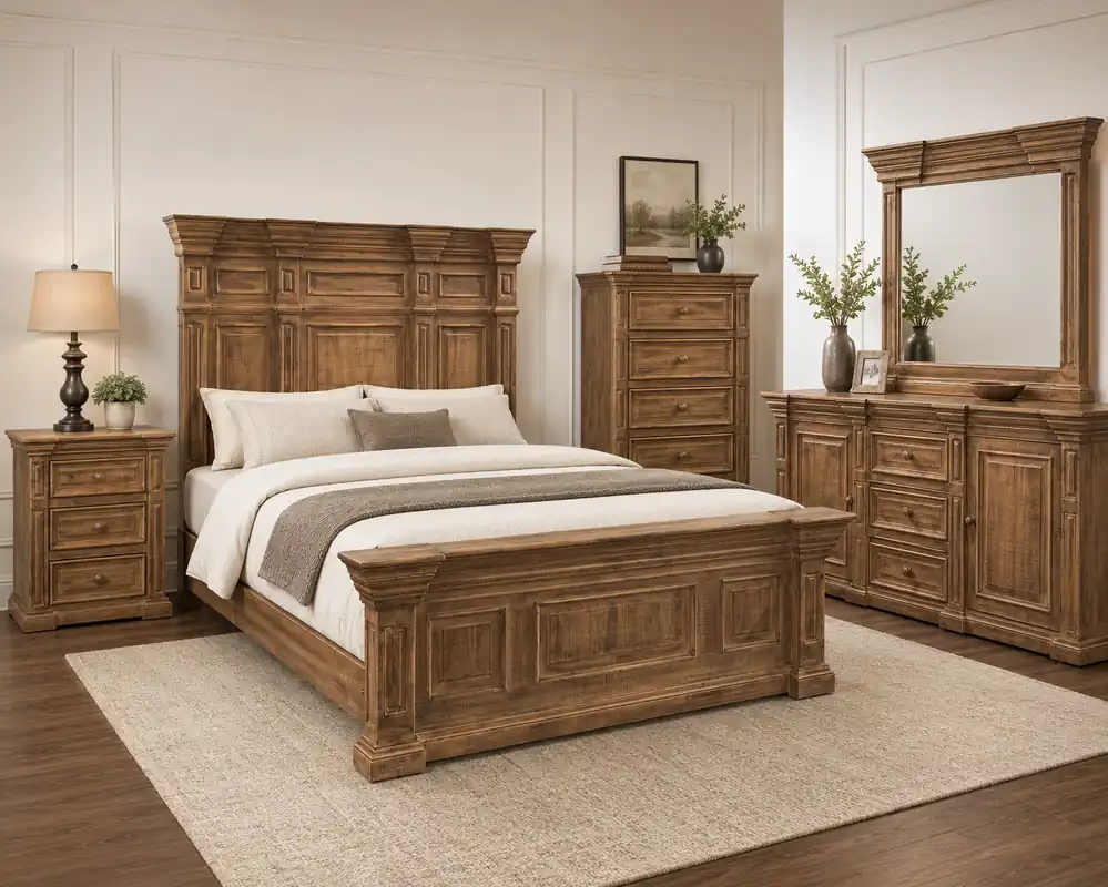 Traditional Rustic Natural Wood 6 Piece Bedroom Set with Panel Bed, Dresser, Mirror & Nightstand - Mollai Collections