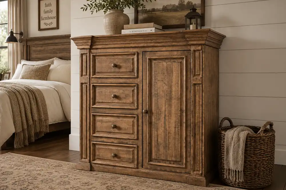 Traditional Rustic Natural Wood Chest with Drawers, Cabinet Door & Carved Panel Design - Mollai Collections