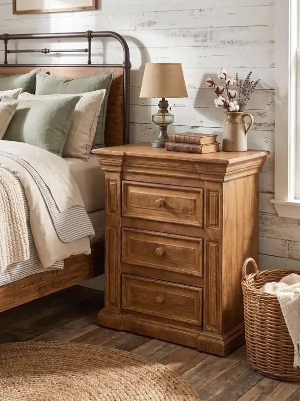 Traditional Rustic Solid Wood Nightstand with Carved Panel Design & Distressed Finish - Mollai Collections