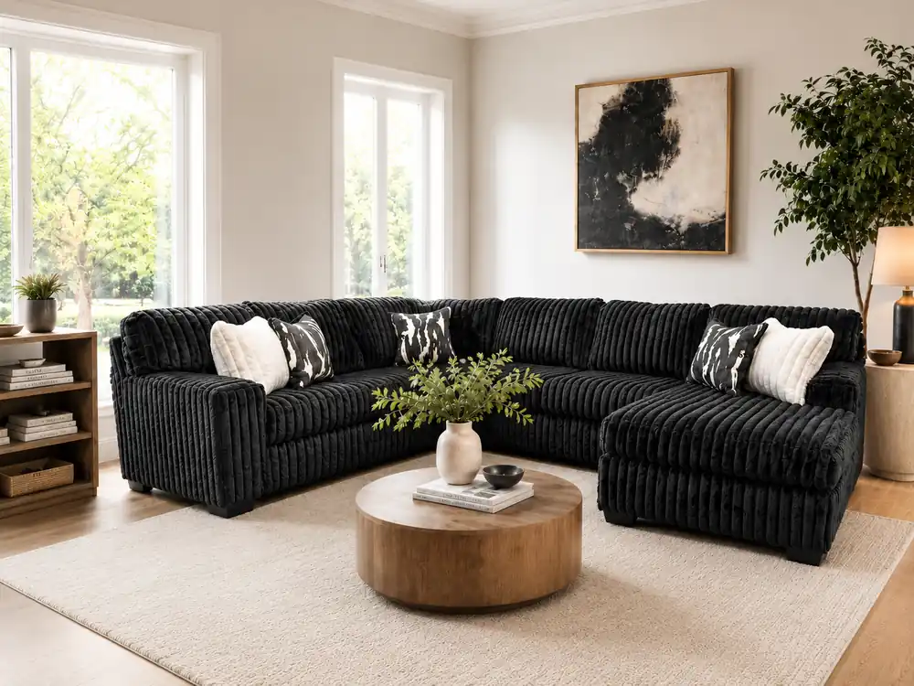 Contemporary Black Corduroy L-Shaped Sectional Sofa with Oversized Chaise, Deep Seating & Ribbed Plush Design