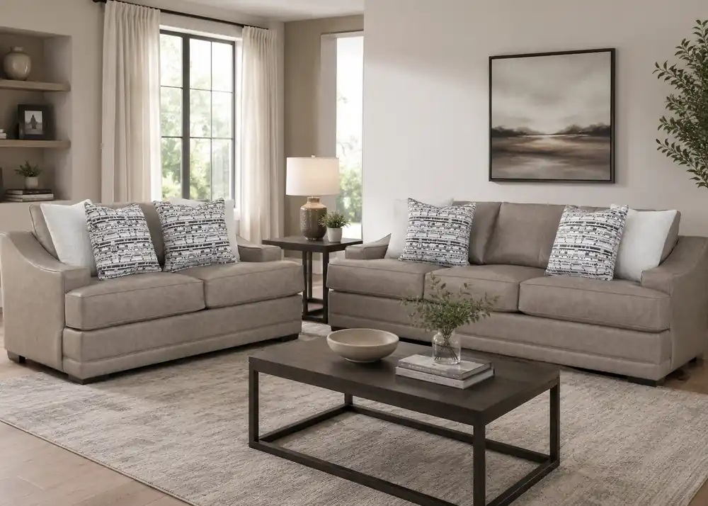 Taupe Gray Transitional 2 Piece Sofa and Loveseat Set with Flared Arms & Reversible Cushions - Sara Collections