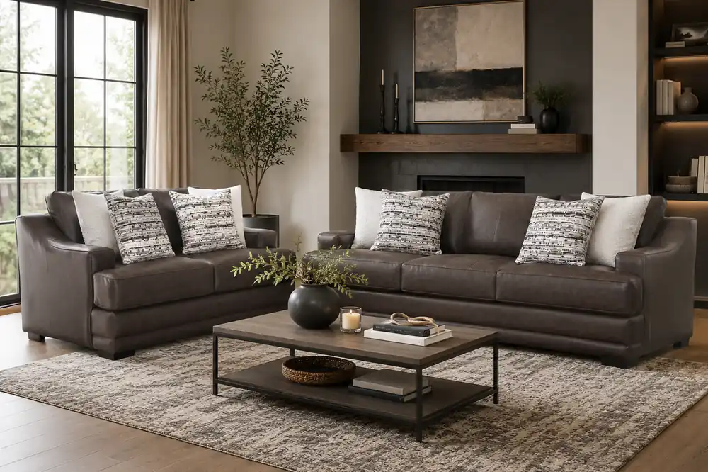 Transitional Dark Brown 2 Piece Sofa and Loveseat Set with Flared Arms & Reversible Cushions - Sara Collections