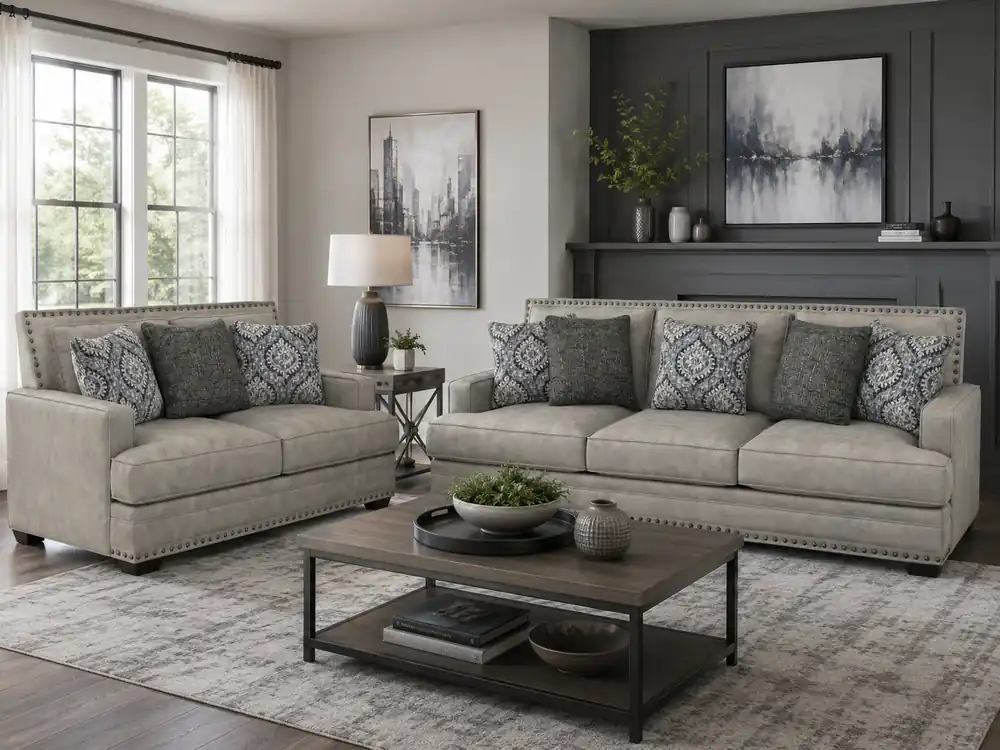 Transitional Gray 2 Piece Sofa and Loveseat Set with Nailhead Trim - Sara Collections