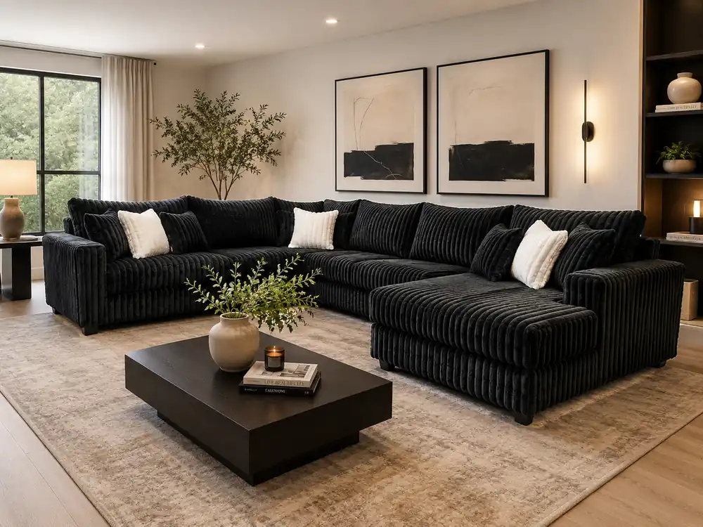 Modern Black Plush Corduroy 4 Piece Sectional Sofa with LAF Sofa, 2 Armless Chairs, RAF Chaise & 9 Pillows - Sara Collections