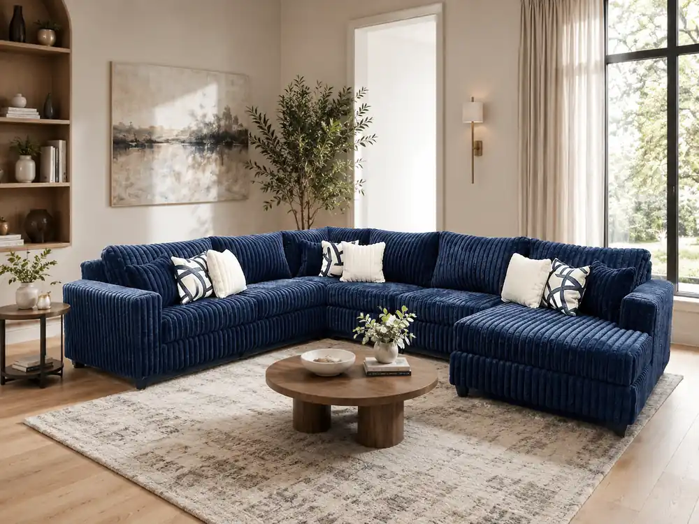 Modern Navy Blue Plush Corduroy 4 Piece Sectional Sofa with LAF Sofa, 2 Armless Chairs, RAF Chaise & 9 Pillows - Sara Collections