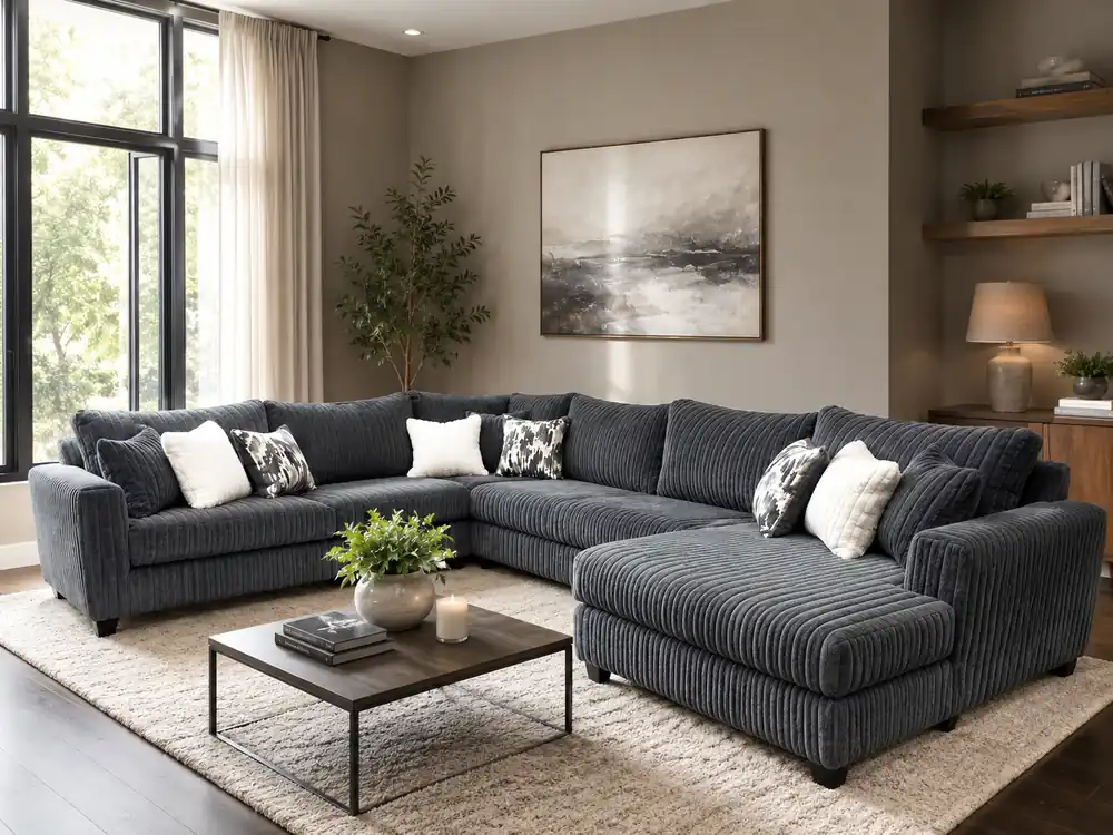 Modern Charcoal Corduroy 4 Piece Sectional with RAF Chaise and 9 Pillows - Sara Collections
