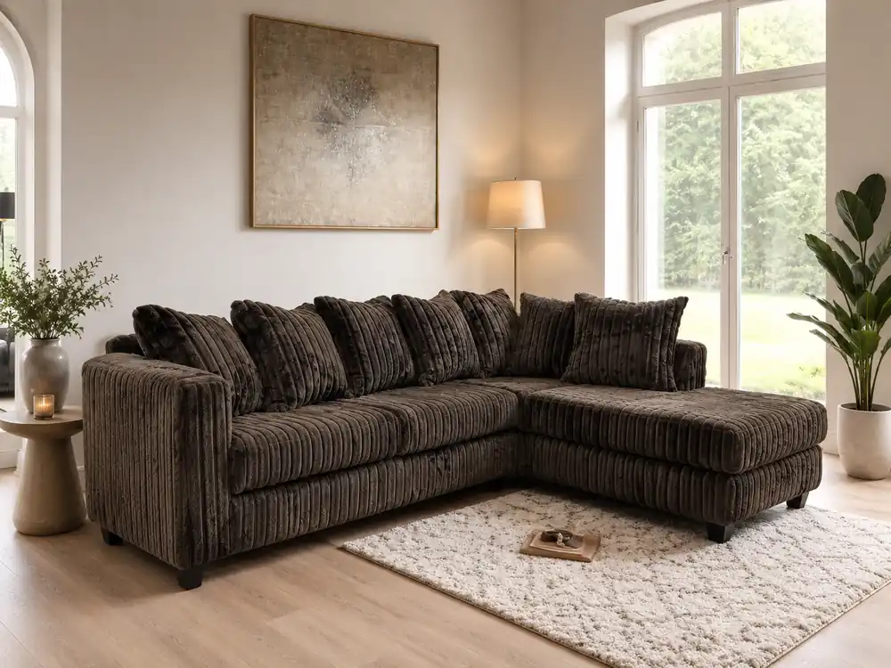 Chocolate 2 Piece Ribbed Sectional Sofa with Chaise and Plush Channel Upholstery - Sara Collections