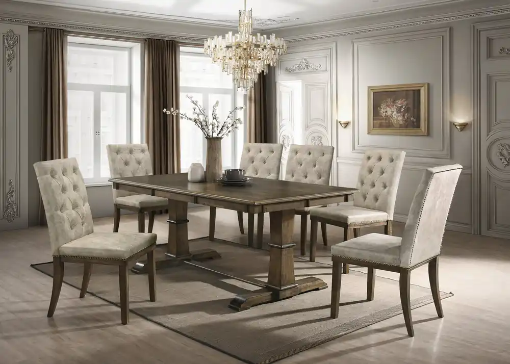 Traditional Brown Oak Rectangular Trestle 7 Piece Dining Set with Light Gray Tufted Chairs - Mollai Collections
