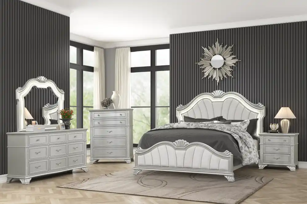 Glam 6-Piece Bedroom Set in Silver with LED Headboard, Beveled LED Mirror, Dresser, and USB Nightstand