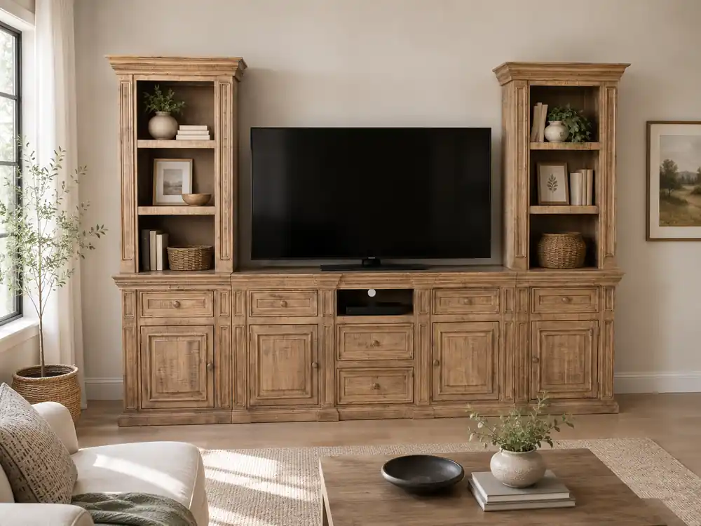 Rustic Brown 3-Piece Entertainment Wall Unit with Bookcase Piers & Storage Console