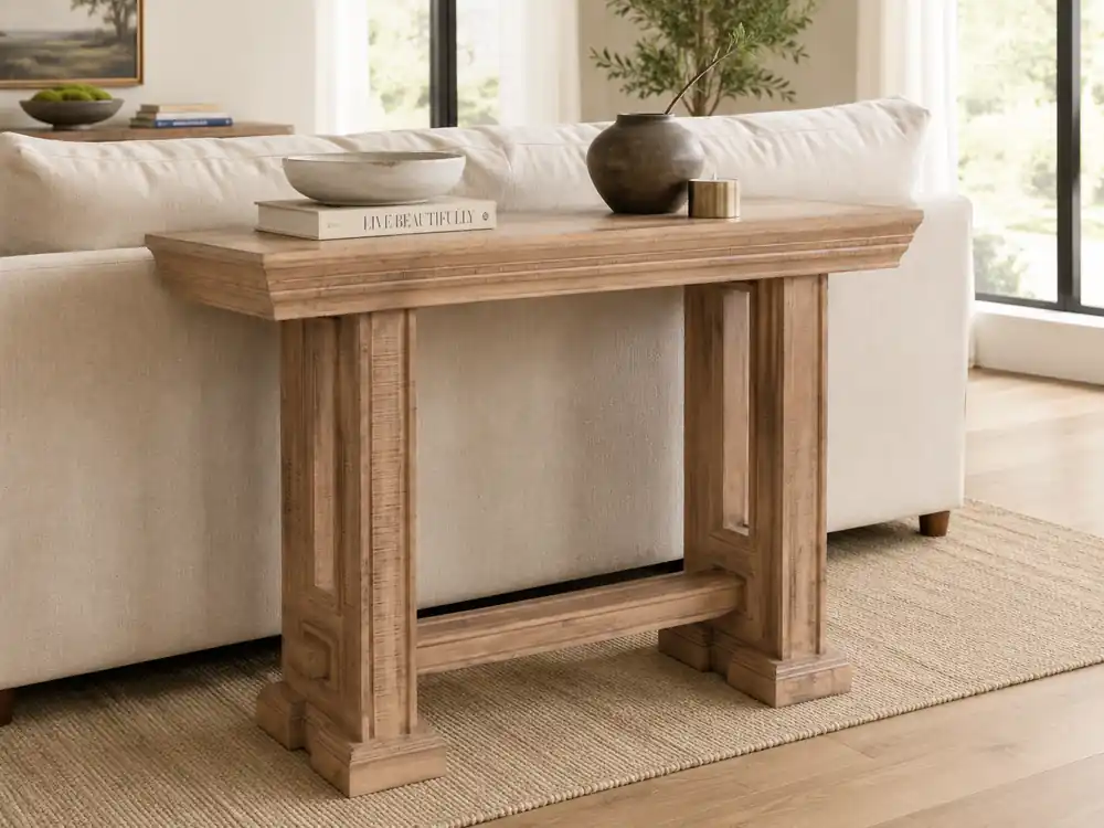 Rustic Brown Farmhouse Sofa Table with Pedestal Base Design - Mollai Collections