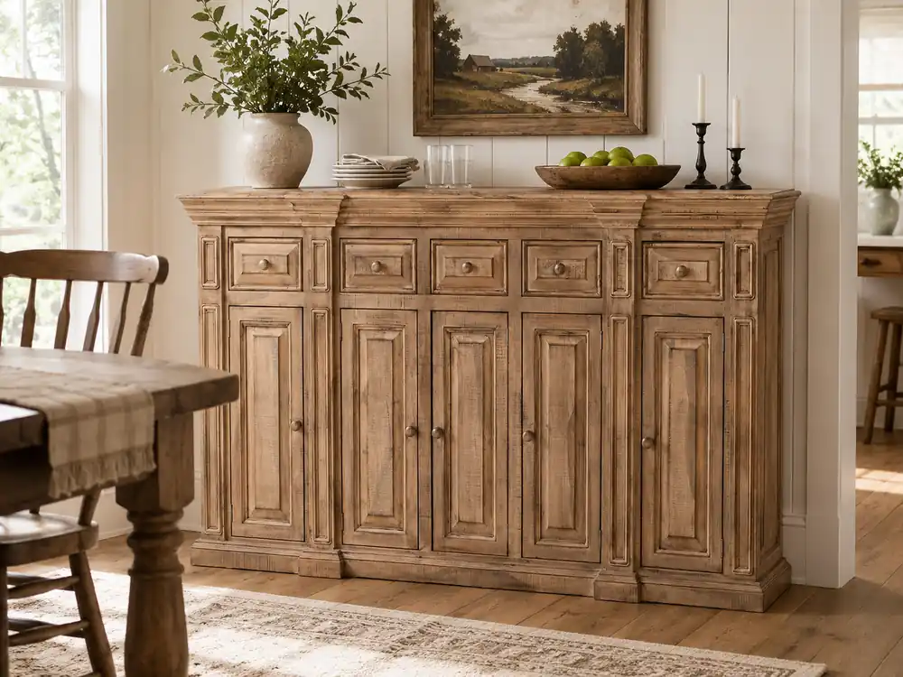 Rustic Solid Wood Brown Farmhouse 80-Inch Sideboard Cabinet with Door & Drawer Storage