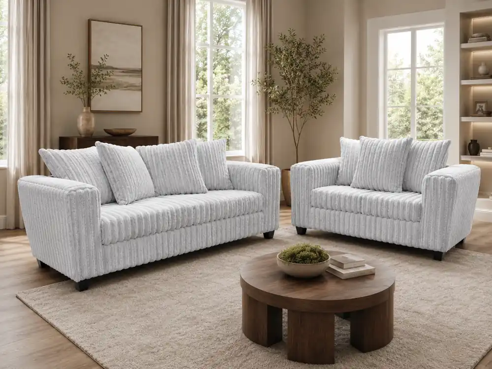 Modern Light Gray Ribbed Plush Fabric 2-Piece Sofa and Loveseat Set