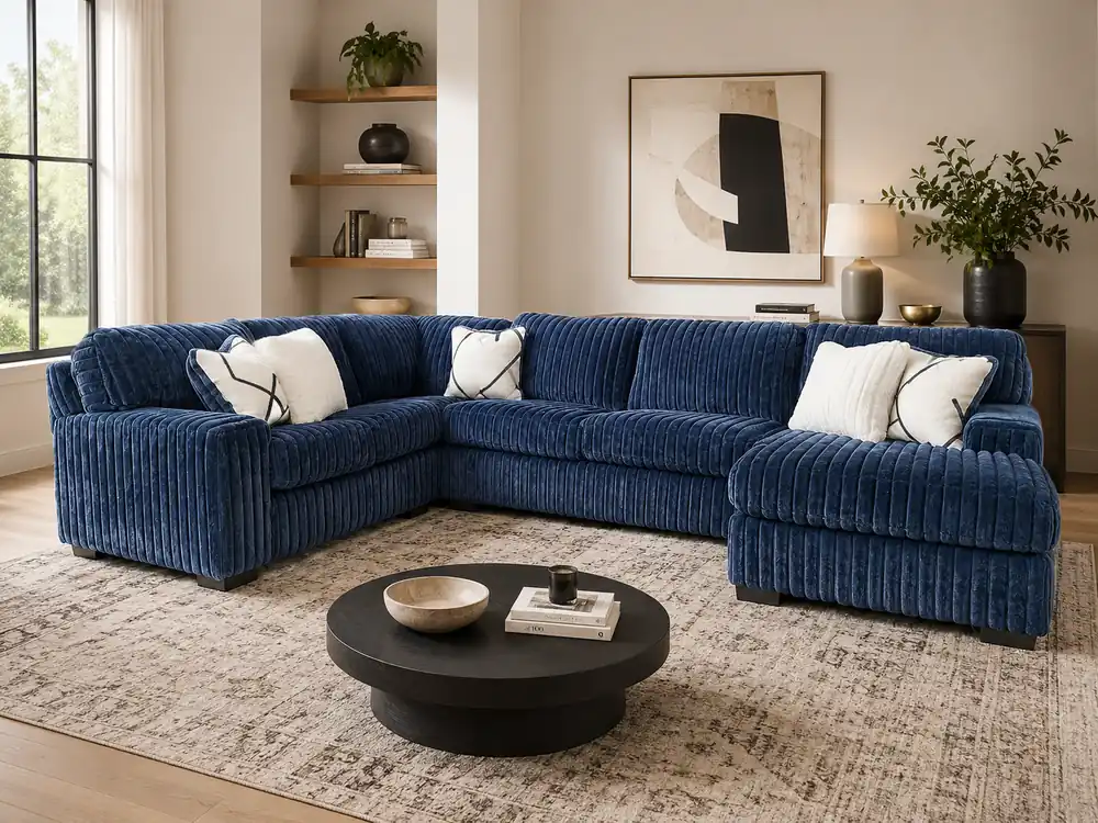 Contemporary Navy Blue Corduroy L-Shaped Sectional Sofa with Oversized Chaise, Deep Seating & Ribbed Plush Design