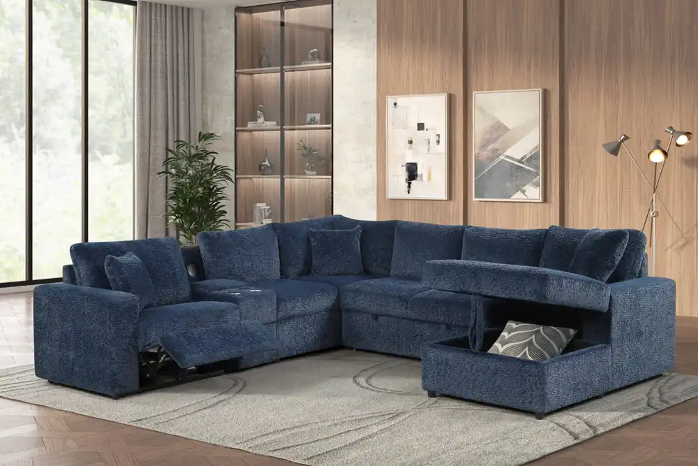 Hunter Blue Sleeper Sectional Sofa with Pull‑Out Bed, Storage Chaise, and LAF Recliner - Sara Collections