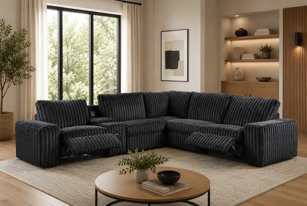 Amelia Onyx Corduroy Fabric Power Reclining Sectional with Storage Console & Bluetooth Speakers - Sara Collections