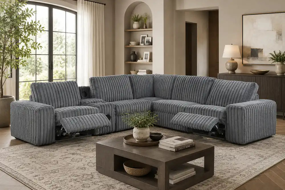 Amelia Charcoal Corduroy Fabric Power Reclining Sectional with Storage Console & Bluetooth Speakers - Sara Collections