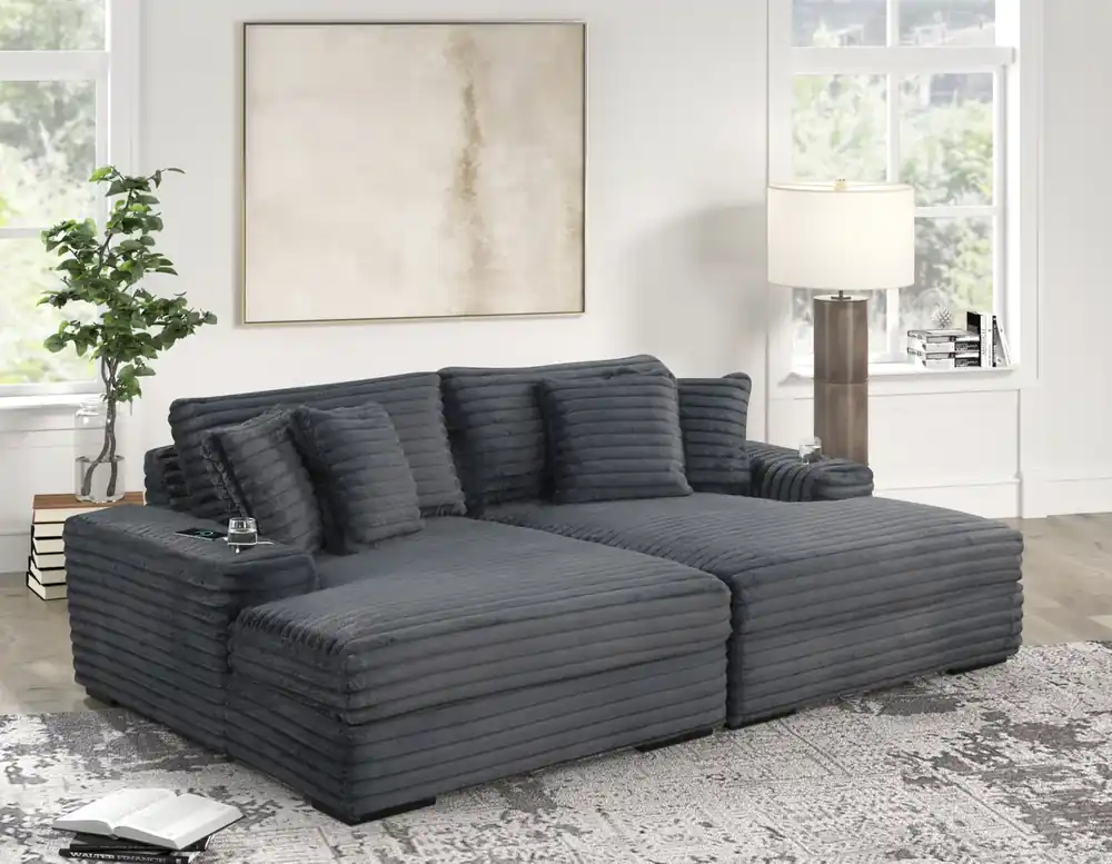Modern Oversized Charcoal Corduroy Fabric Double Chaise Sectional with Cupholders & USB Outlets - Sara Collections
