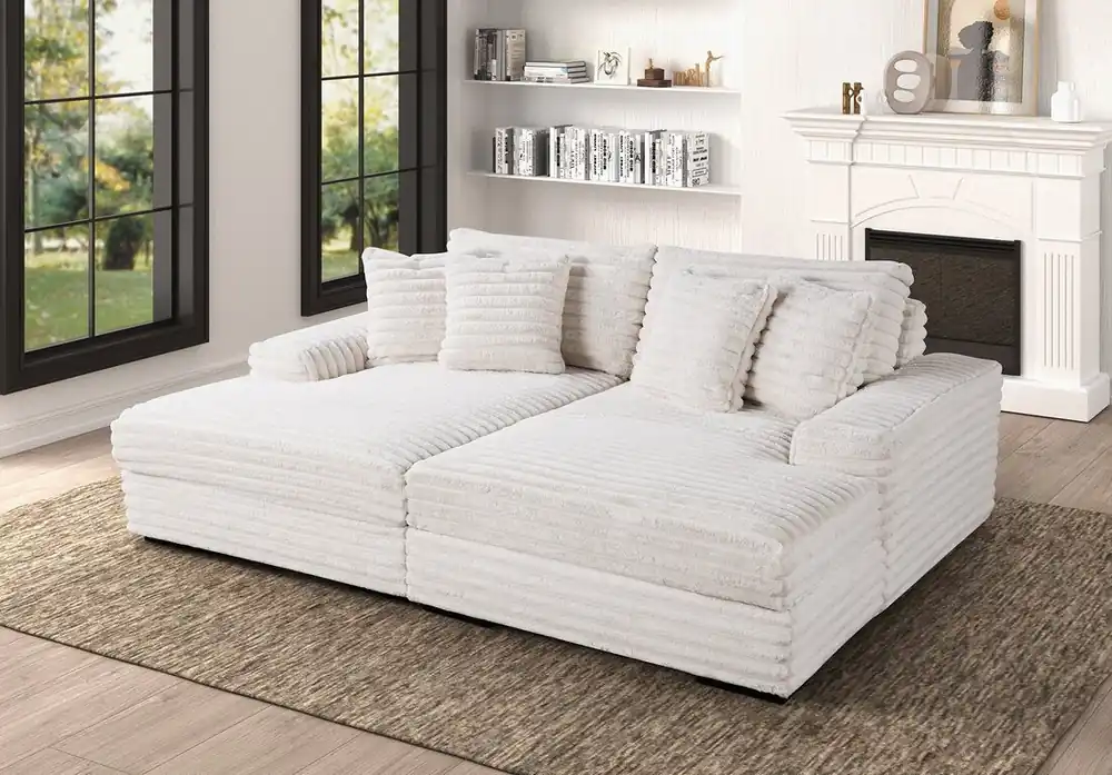 Modern Oversized Beige Corduroy Fabric Double Chaise Sectional - Sara Collections