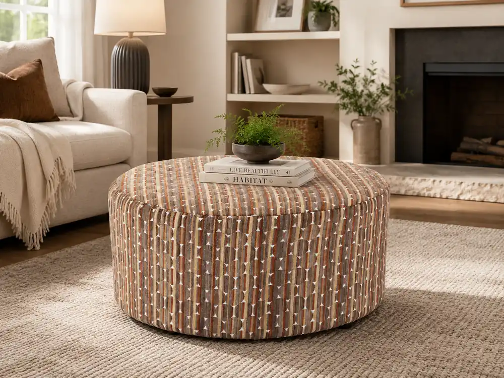 Contemporary Brown Geometric Pattern Fabric Round Ottoman - Sara Collections
