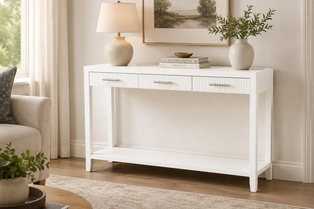 White Coastal Contemporary Fluted Console Table with 3 Drawers & Shelf - Mollai Collections