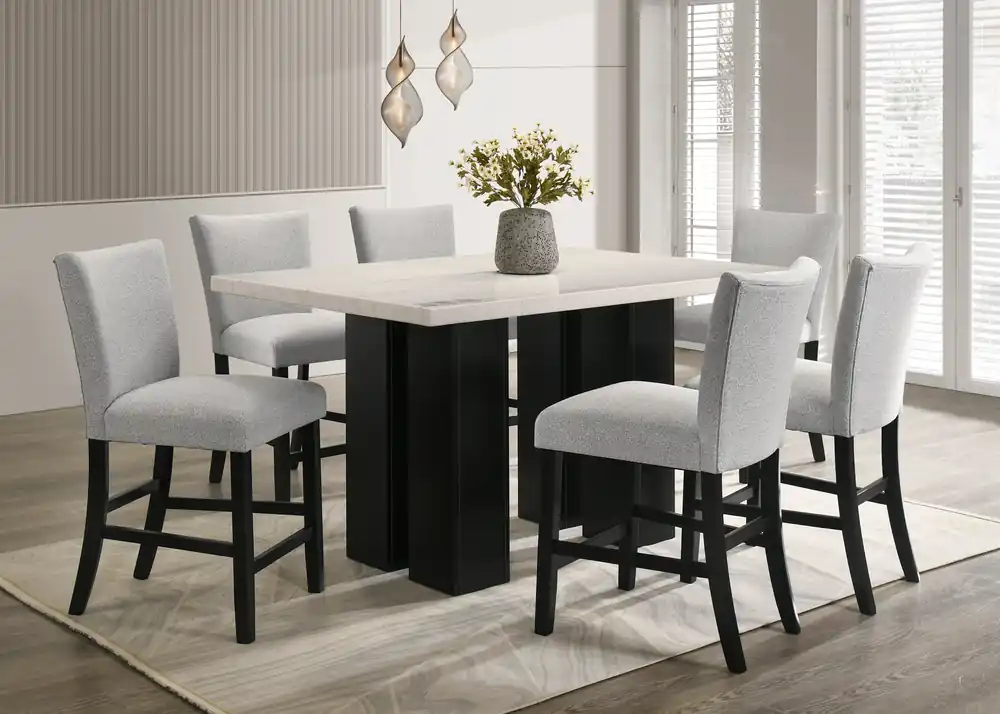 Contemporary Black & Gray 7-Piece Real Marble Top Dining Set with Upholstered Chairs