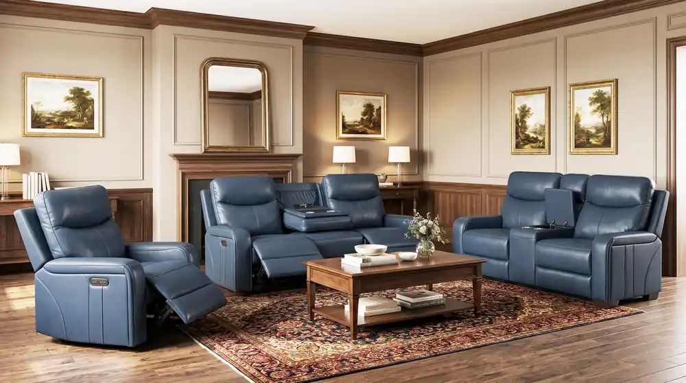 Blue Top-Grain Leather 3-Piece Power Reclining Living Room Set with Power Headrest