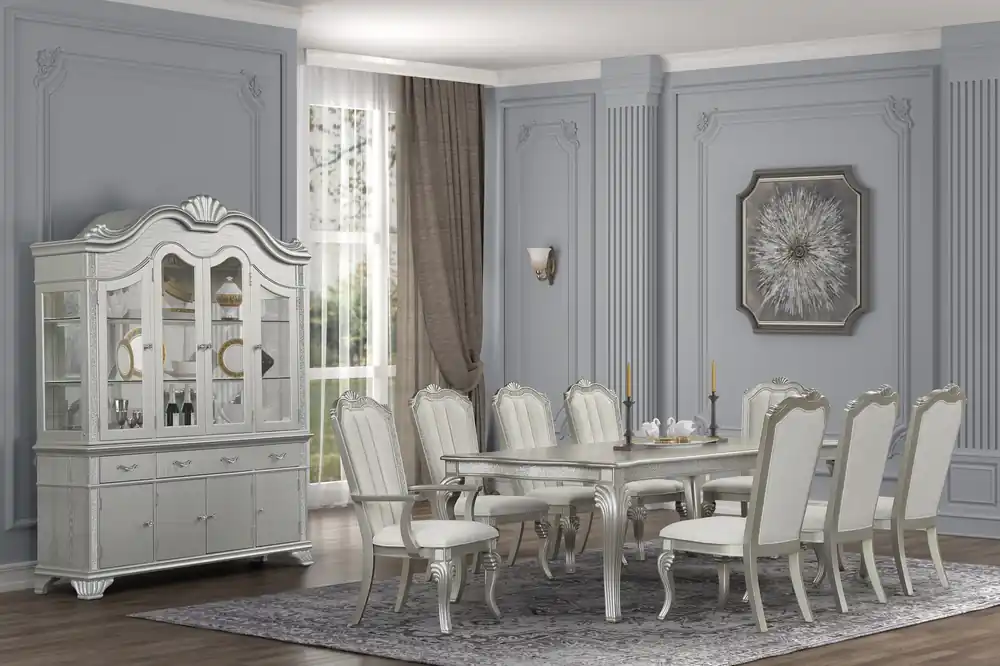 Traditional Glam Silver 9-Piece Dining Set with 18-Inch Leaf