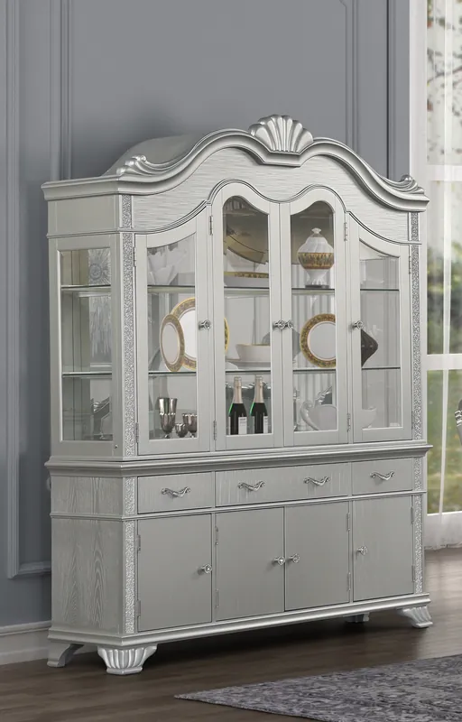 Traditional Glam Silver China Cabinet with Glass Hutch and Buffet - Mollai Collections