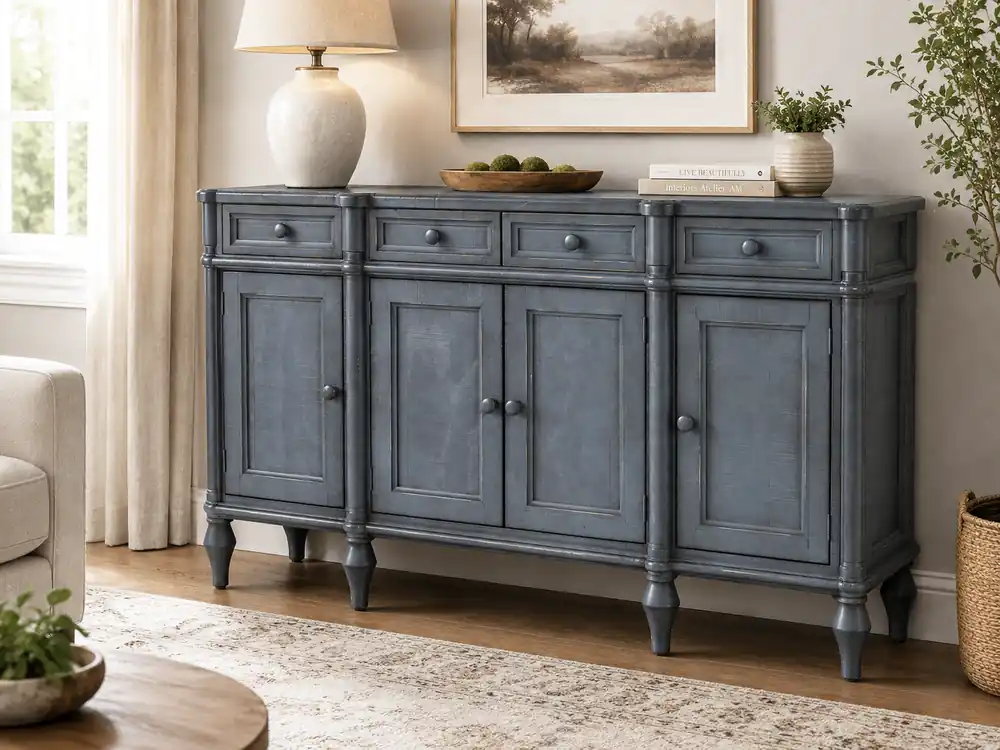 Lilac Distressed Blue Solid Wood Sideboard Buffet / TV Console - Mollai Collections