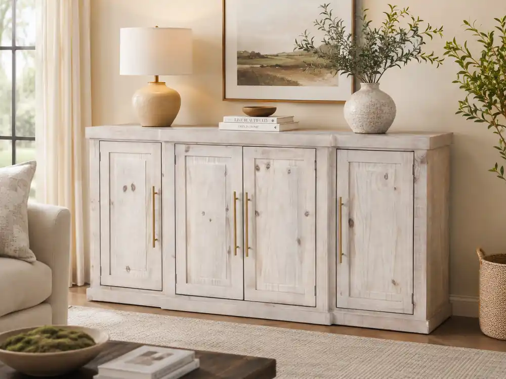 Janes Distressed Whitewashed Solid Wood Sideboard Buffet / TV Console - Mollai Collections