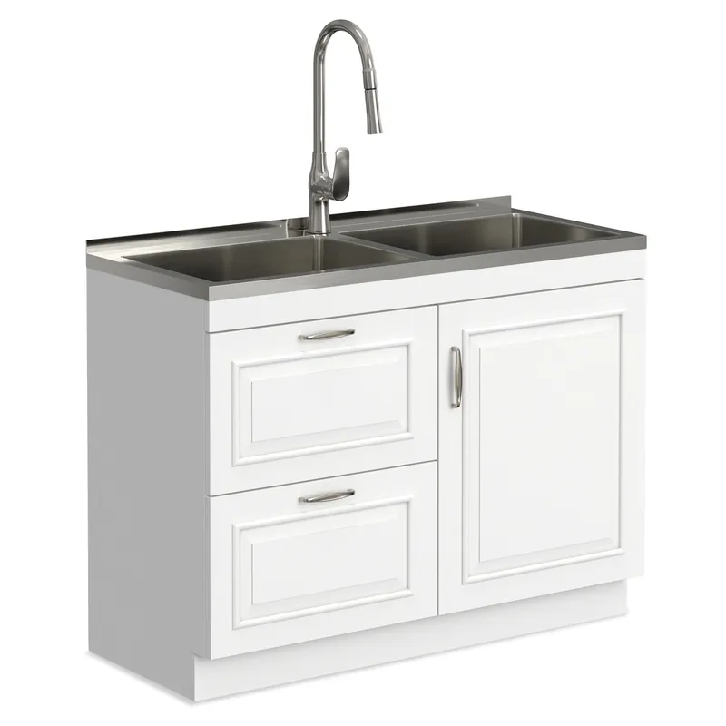 Darwin - Laundry Utility Sink And Cabinet With Dual Sinks, Pull Out Faucet - White
