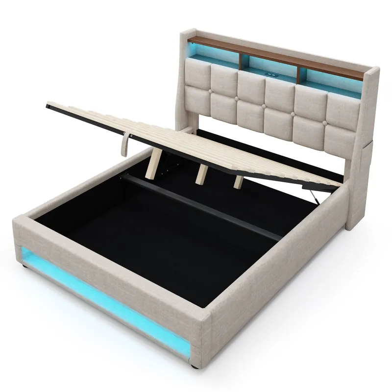 Platform Bed With Hydraulic Storage, LED Lighting & Charging Station - Artistry At Home