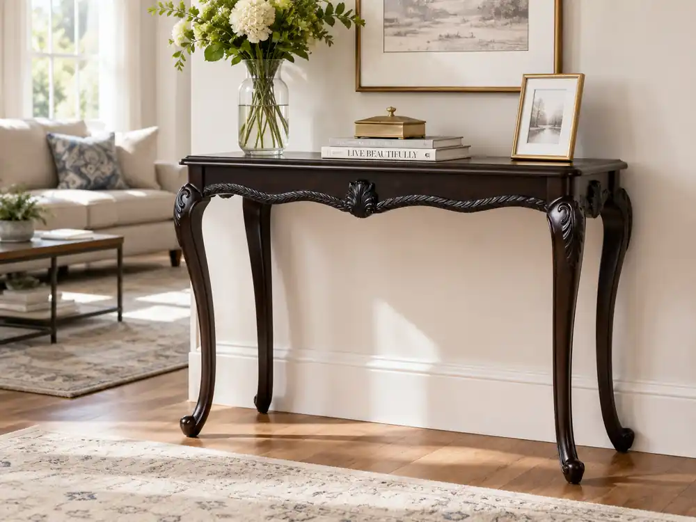 Avelina Traditional Dark Cherry Sofa Table with Carved Cabriole Legs - Mollai Collections