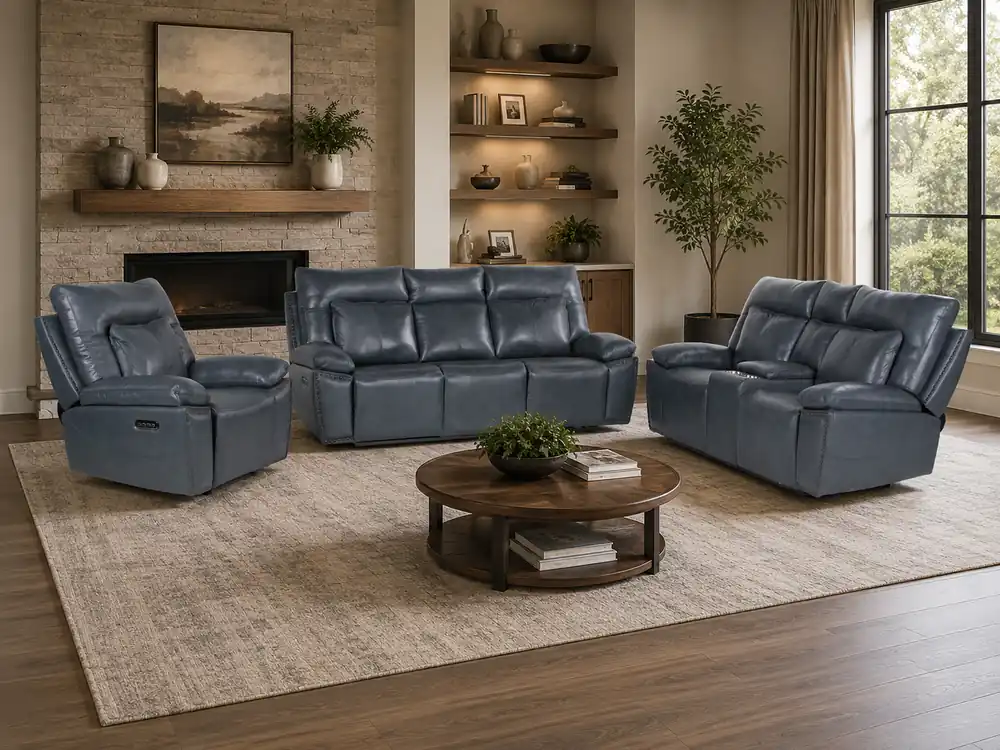 Modern 3-Piece Top Grain Leather Power Reclining Living Room Set with Console, Drop-Down Table, Cup Holders & USB (Slate)