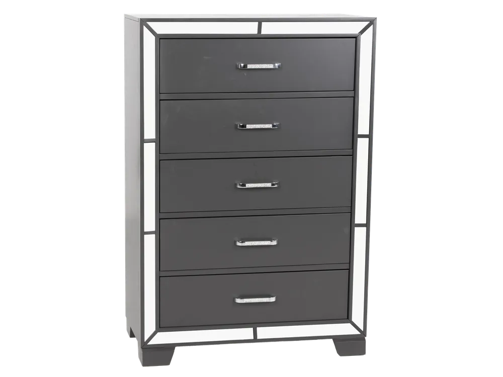 Modern Glam Graphite 5-Drawer Chest with Mirror Trim Accents