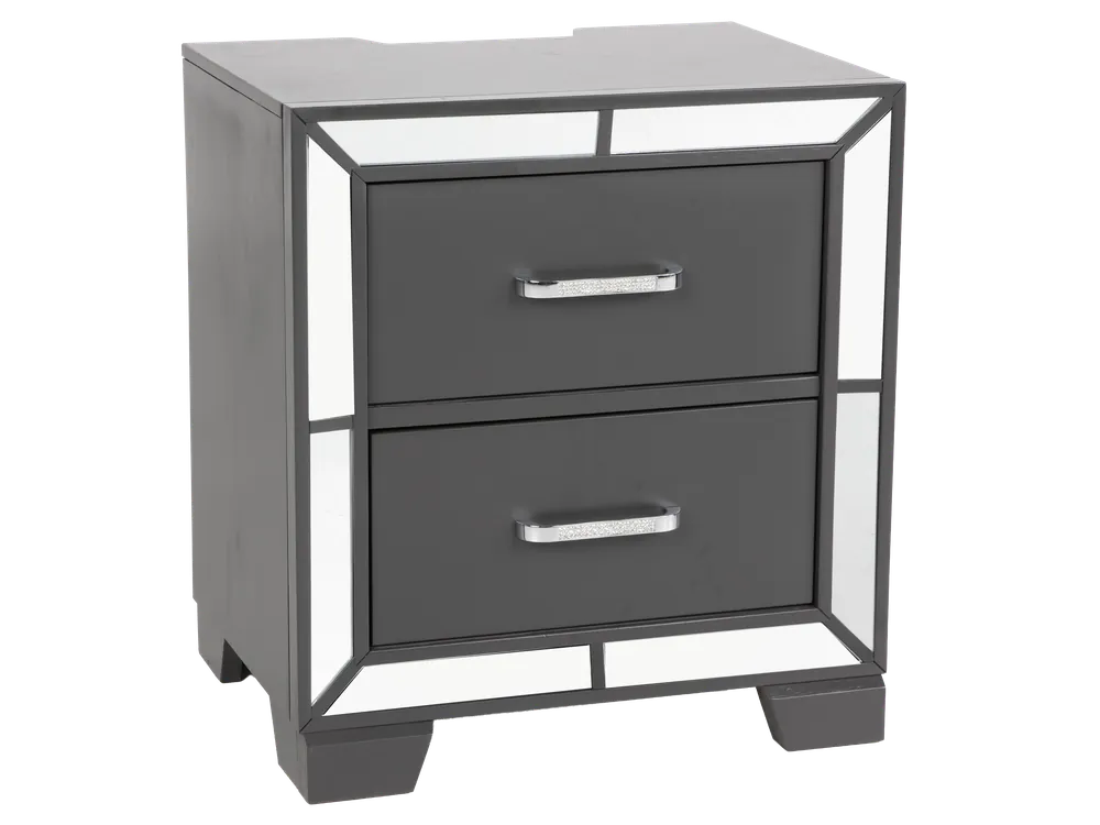 Modern Glam Graphite 2-Drawer Nightstand with USB Charging & Mirror Trim Accents