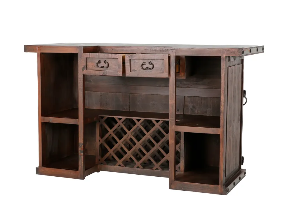 Hacienda Rustic Bar Table with Wine Rack & Open Shelving - Mollai Collections