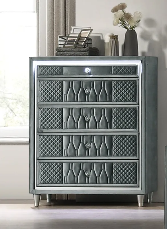 Modern Gray Velvet Chest with LED and Glass Top - Mollai Collections