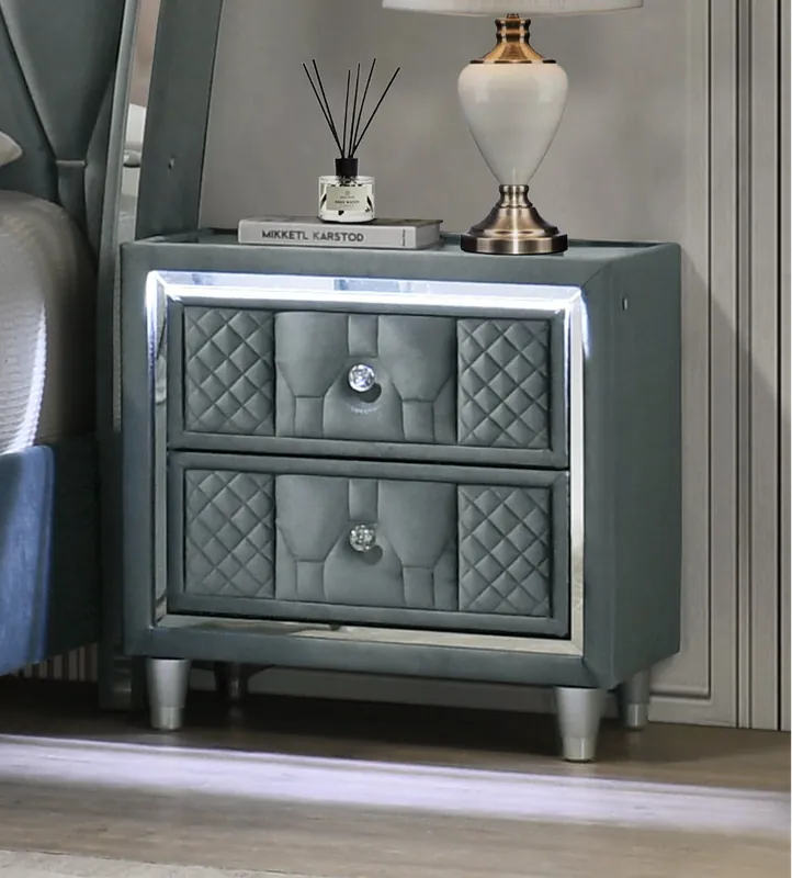 Modern Gray Velvet Nightstand with LED and Glass Top - Mollai Collections