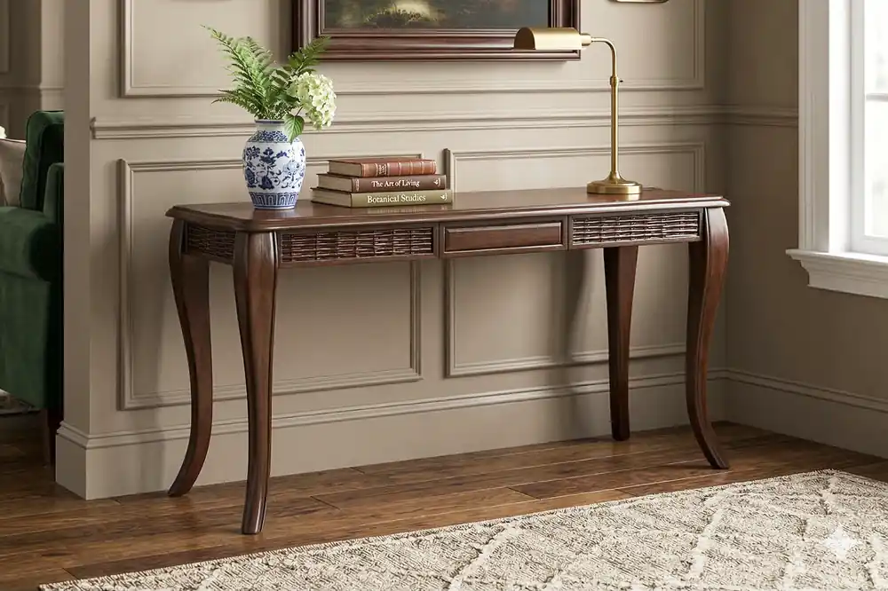 Traditional Dark Wood Sofa Table with Curved Legs - Mollai Collections