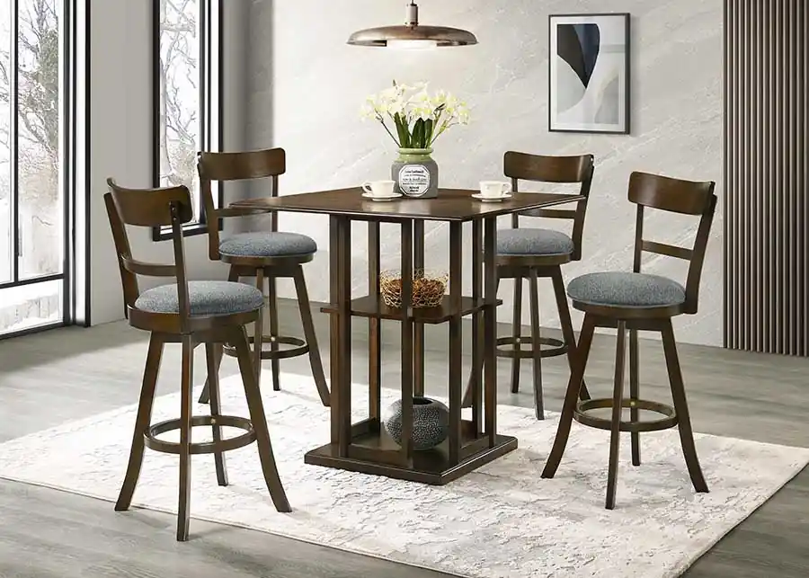 Espresso Counter Height 5-Piece Dining Set with Grey Upholstered Chairs