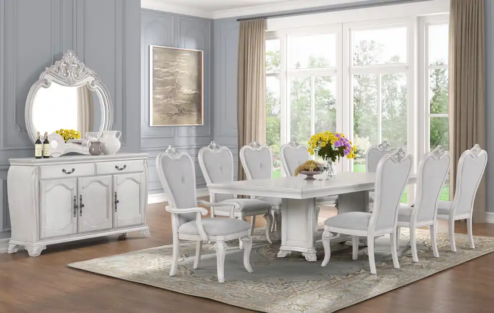 Antique White 9-Piece Traditional Dining Room Set with 6 Side Chairs & 2 Armchairs