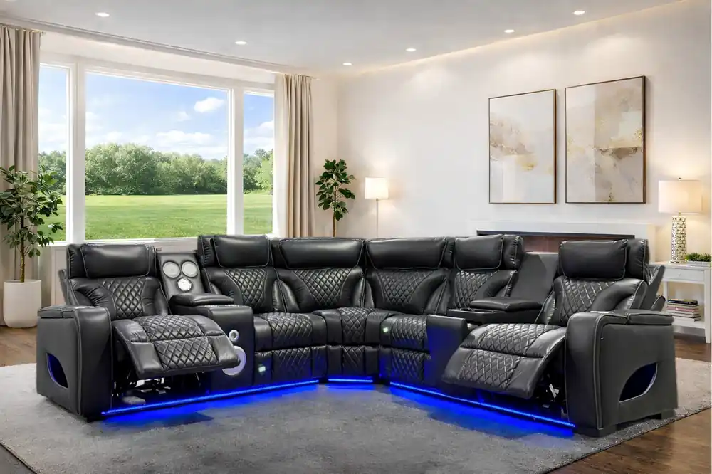 Black Power Reclining Sectional with Power Headrests, Speaker, Wireless Charging & LED Lighting - Sara Collections