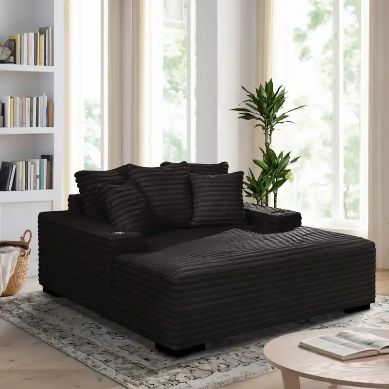 Midnight Black Velvet Chaise Lounge with Dual Cupholders & USB Charging Ports - Sara Collections