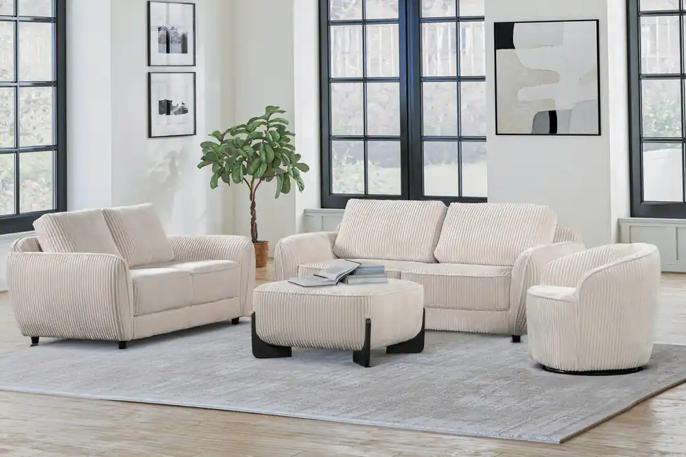 Beige Corduroy 4-Piece Living Room Set (Sofa, Loveseat, Chair & Ottoman)