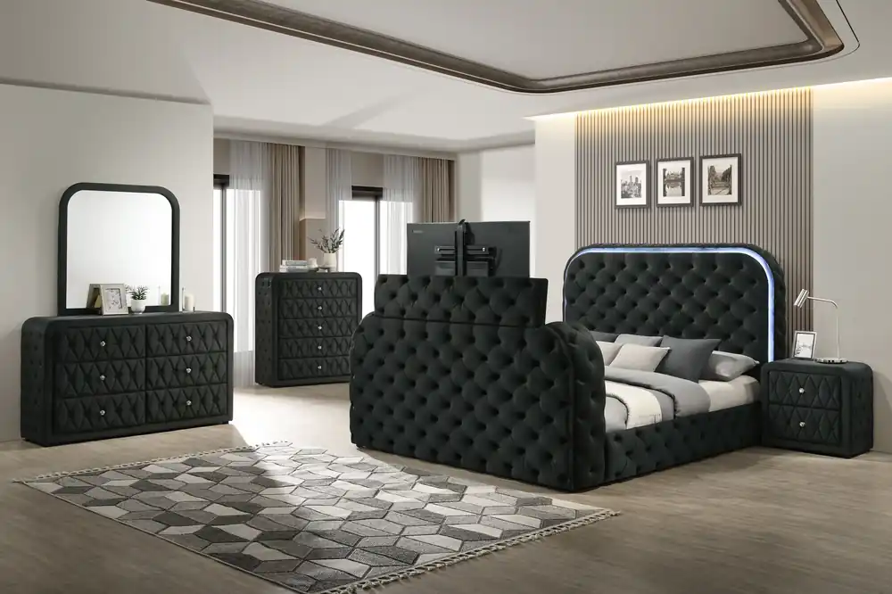 Black Velvet LED Fireplace Bedroom Set with TV Lift, Dresser, Mirror, and Nightstand - Mollai Collections