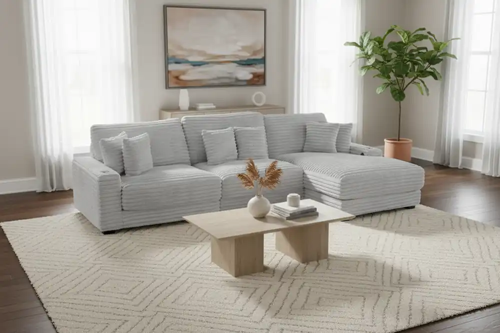 Light Gray Corduroy Sectional Sofa with Chaise & Plush Pillows - Sara Collections