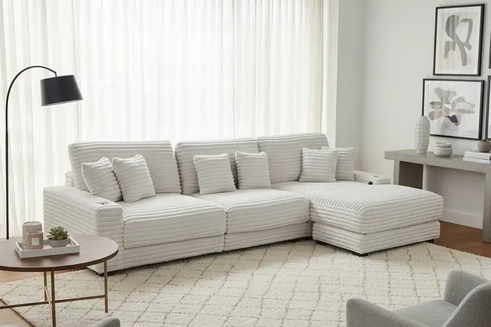 Beige Corduroy Sectional Sofa with Chaise Lounge & Pillows - Sara Collections