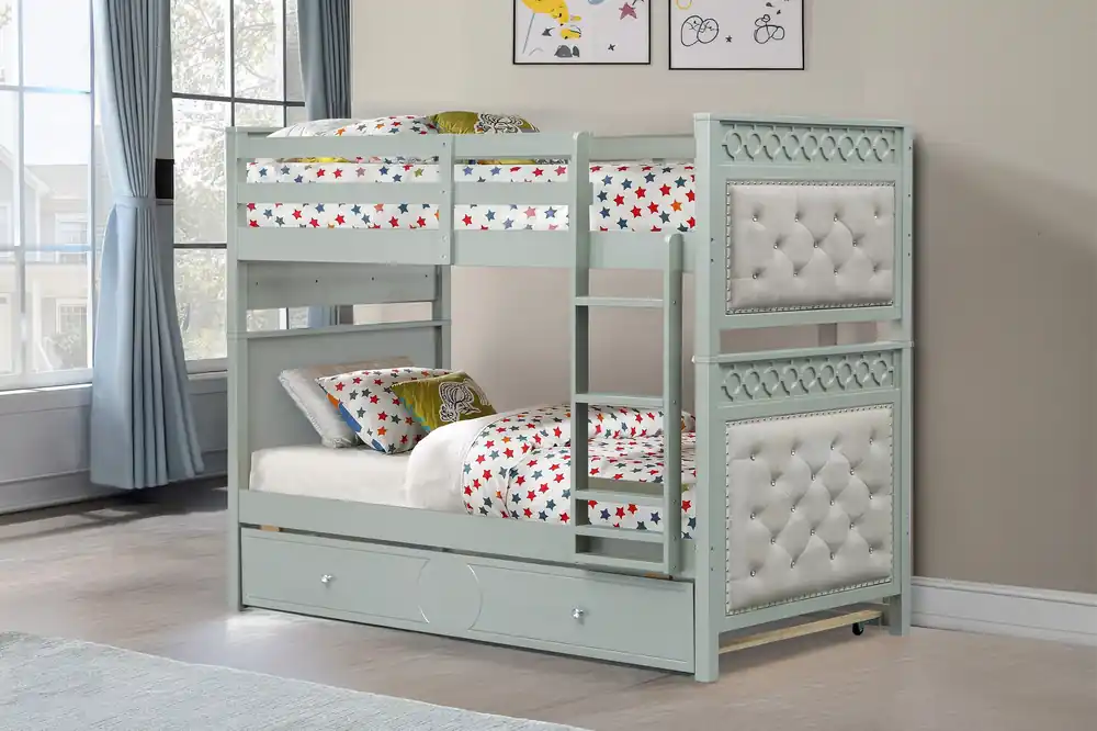 Silver Twin-Over-Twin Bunk Bed with Tufted Panels & Pull-Out Trundle